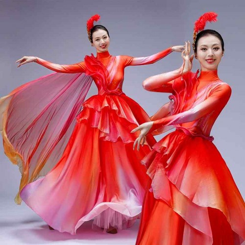 Red petals flamenco dance dresses for women girls pageant performance dress opening paso double  choir ballroom dance long swing skirts